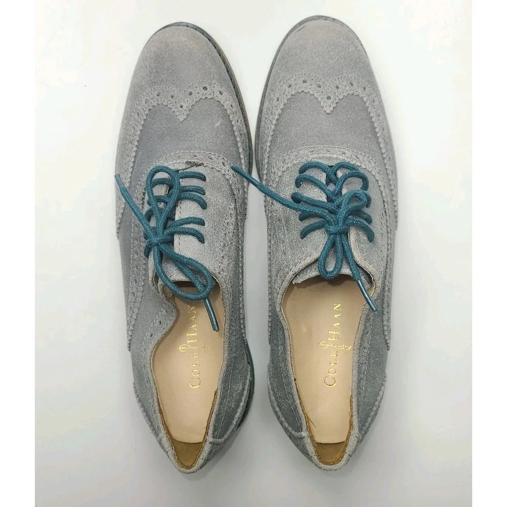 Cole Haan Wingtip Oxford Shoes Women 5B Gray Suede Teal Sole Brogue EUC
